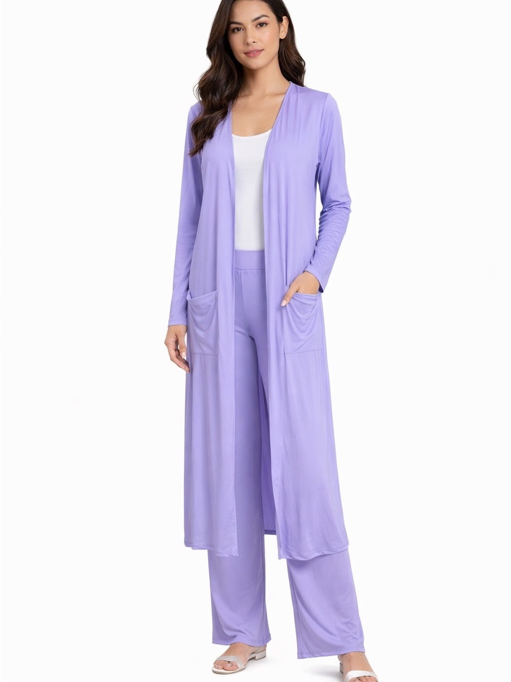 Brighter Brianna Long Cardigan Wide Leg Pant Set M NWOT Lavender Quiet Luxury.